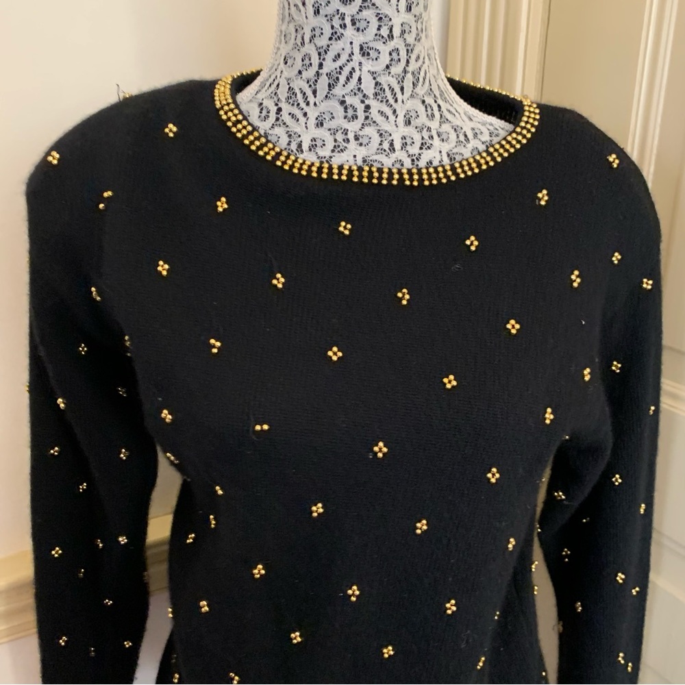 Vintage Gold Beaded Crewneck Black Sweater SZ M - Picture 6 of 13
